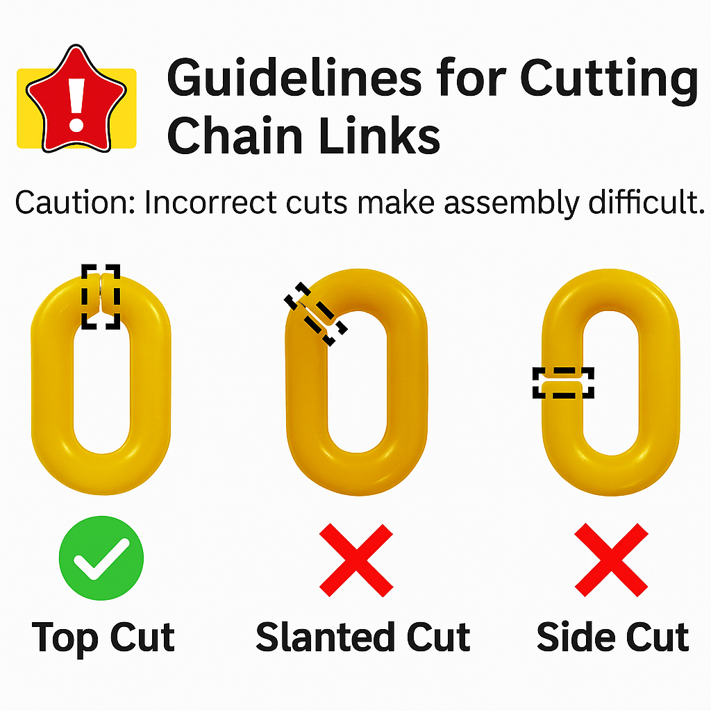 This instructional graphic illustrates the correct way to cut plastic chain links. It reminds users to cut at the proper position to ensure easy and secure link assembly.