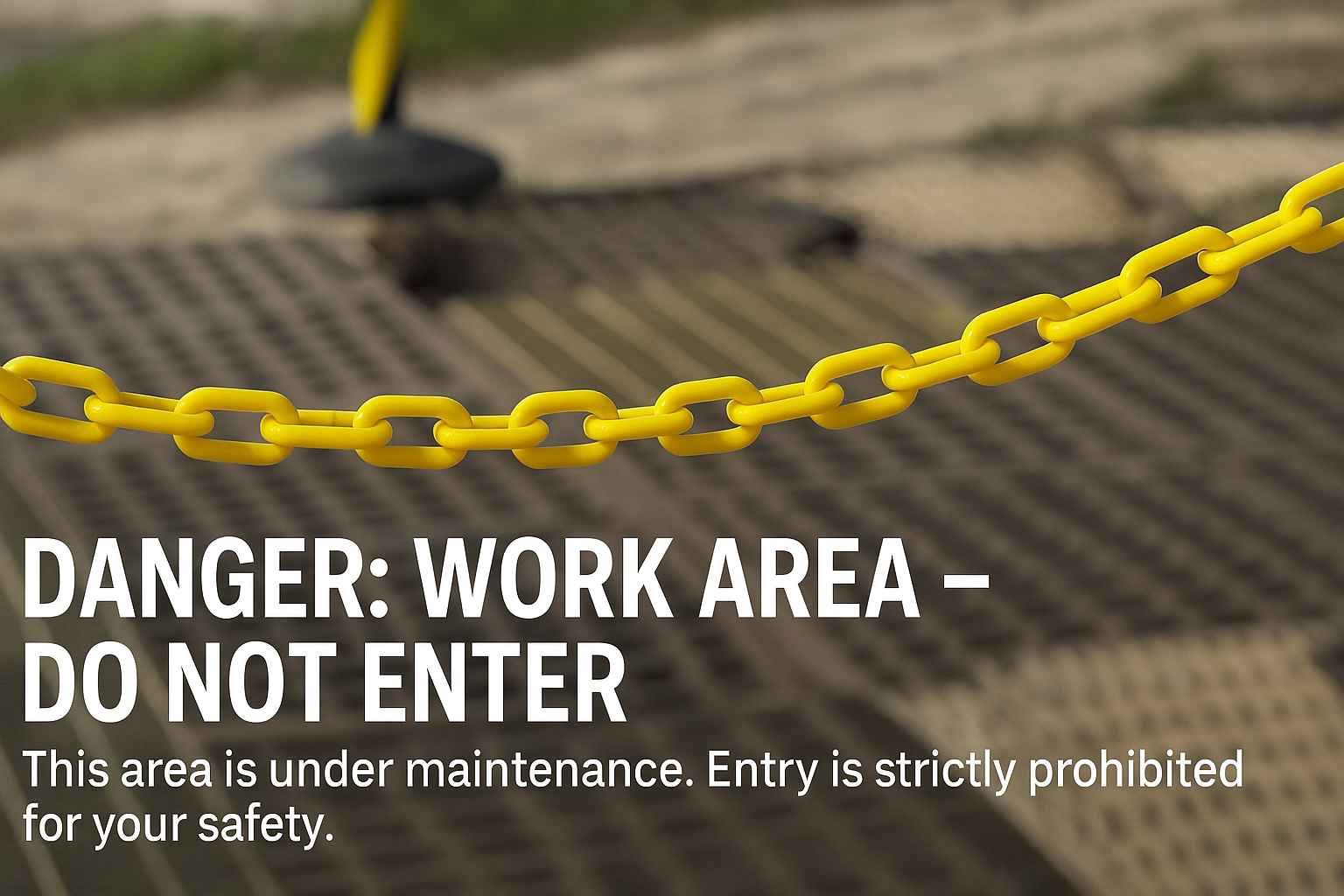A yellow plastic safety chain blocks access to a damaged outdoor grate area, with a warning message that reads “DANGER: WORK AREA – DO NOT ENTER.”