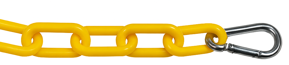 Yellow plastic chain connected to a metal carabiner hook on a white background.


