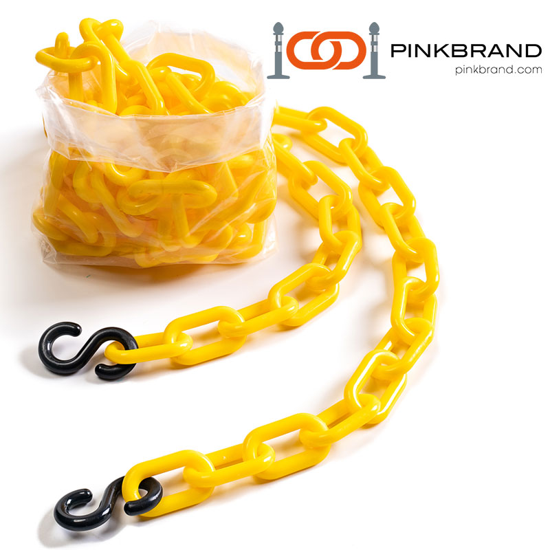 Yellow plastic chains with black S-hooks, bundled in a clear bag, ideal for safety barriers or crowd control, branded by PinkBrand.


