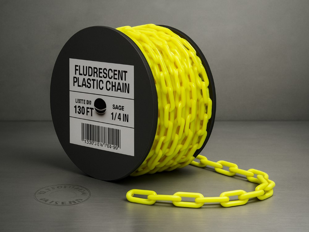 Yellow plastic chain spool for crowd control or safety marking