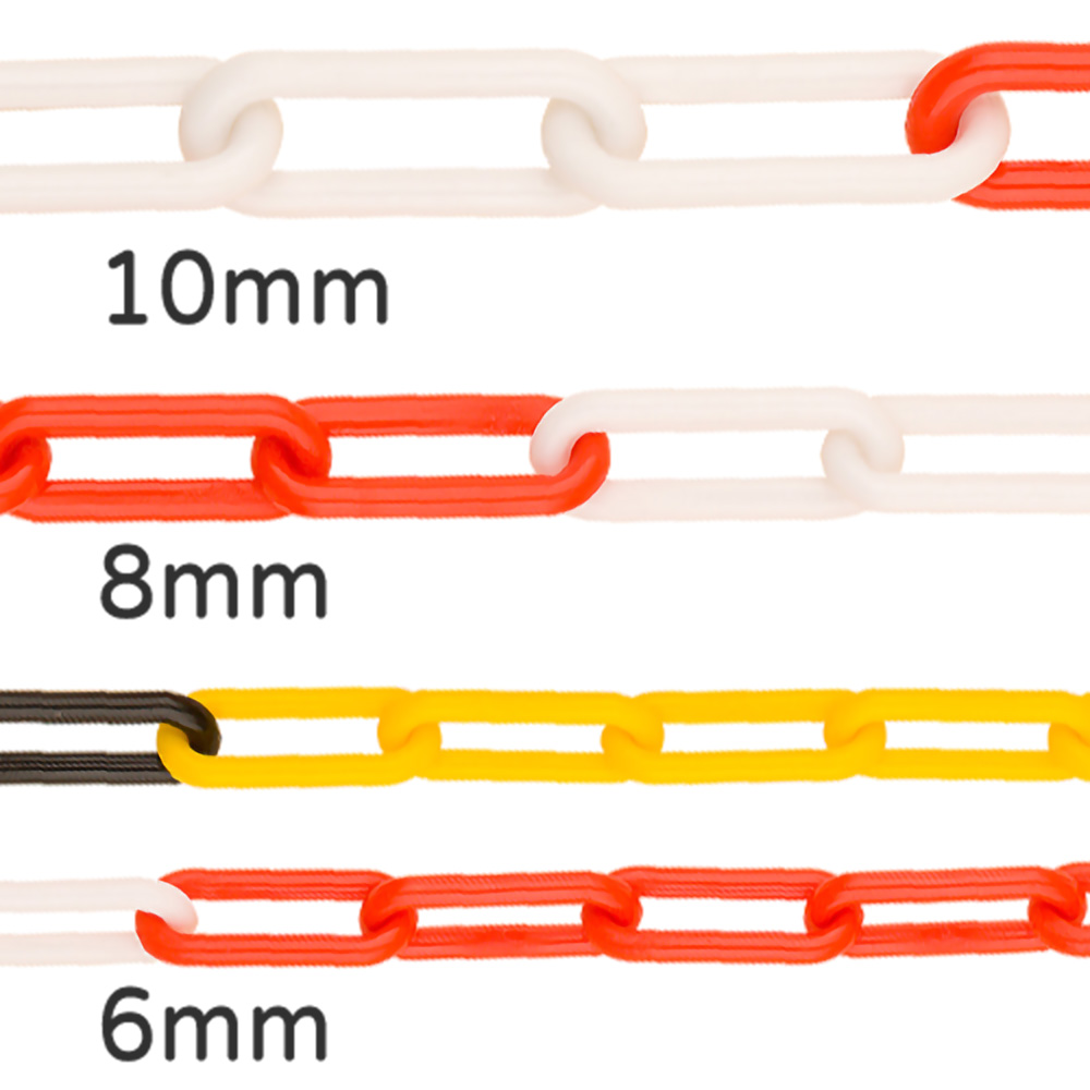 Comparison of plastic chains in three sizes: 10mm white-red, 8mm yellow-black-red-white, and 6mm red-white.