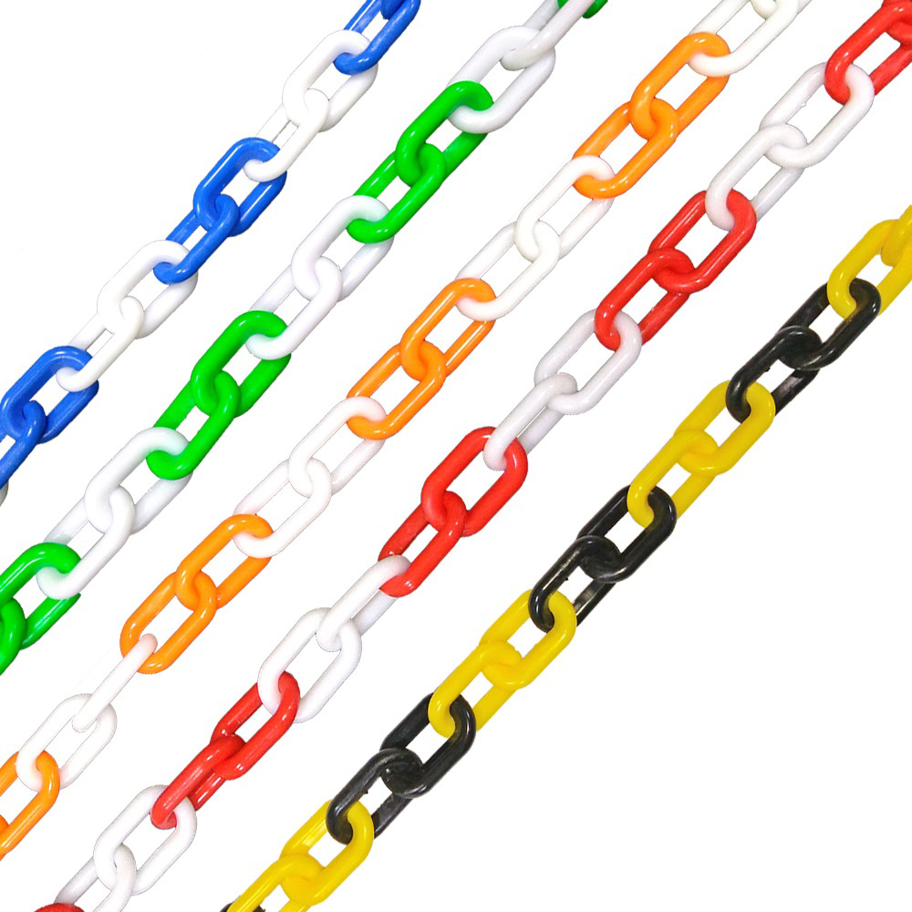 Vertical display of colorful plastic chains, showcasing diverse plastic chain link options