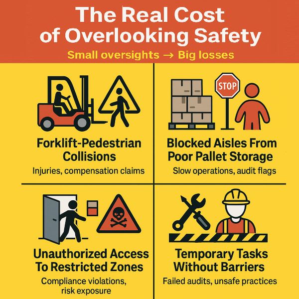 Infographic showing the real cost of overlooking warehouse safety: forklift collisions, blocked aisles, unauthorized access, and lack of temporary barriers.
