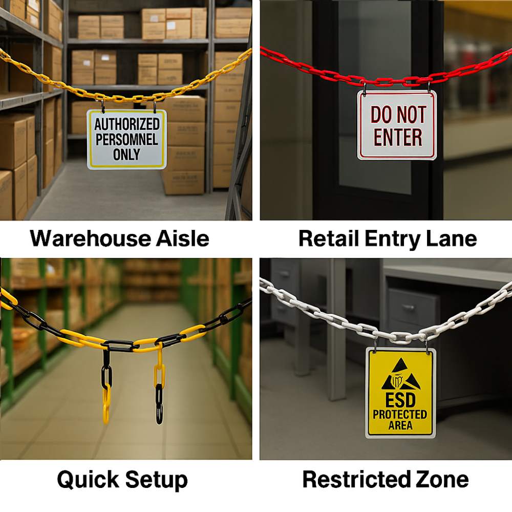 Collage of four images showing plastic chains used in different scenarios: warehouse aisle with “Authorized Personnel Only” sign, retail entry lane with “Do Not Enter” sign, quick setup yellow-black chain, and restricted zone with ESD warning.