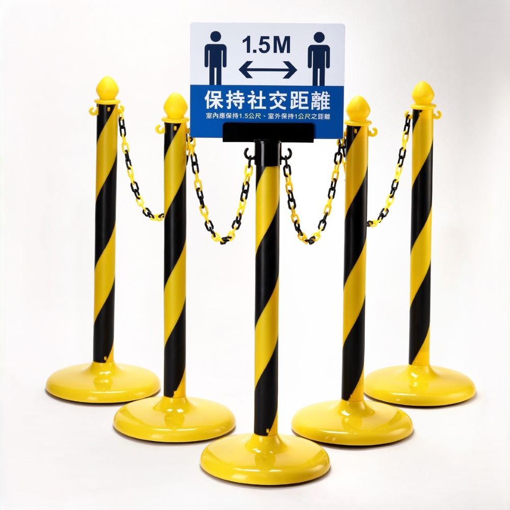 Yellow-black striped safety stanchions with plastic chains and a blue sign reminding people to keep 1.5M social distance.