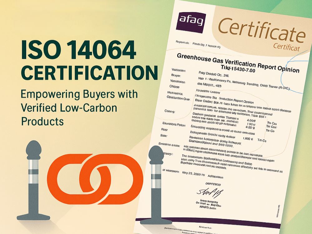 ISO 14064 certification badge with AFNOR-issued GHG verification certificate and orange plastic chain logo by PINKBRAND
