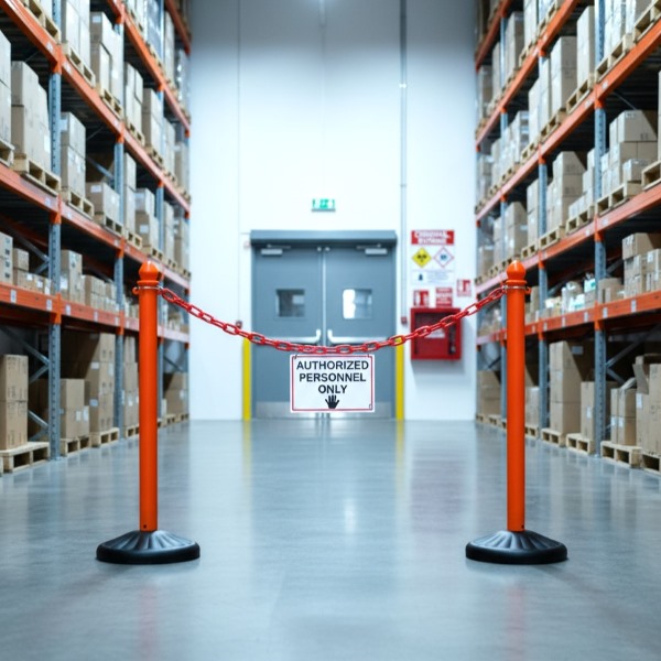 Orange safety stanchions with a red plastic chain and “Authorized Personnel Only” sign blocking access to a warehouse aisle.
