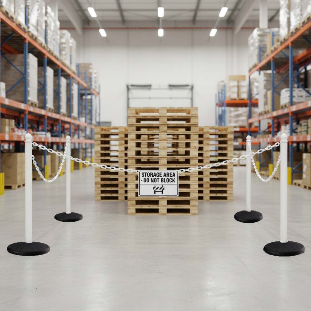 White safety stanchions connected by a plastic chain with a “Storage Area – Do Not Block” sign in a warehouse pallet zone.
