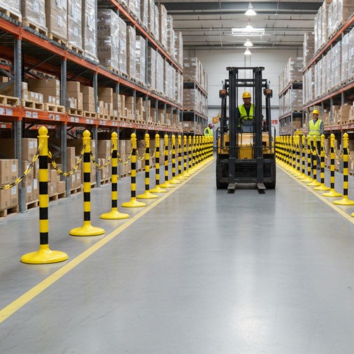 Forklift driving through a warehouse aisle secured by yellow-black safety stanchions and plastic chains, marking a clear safety lane.