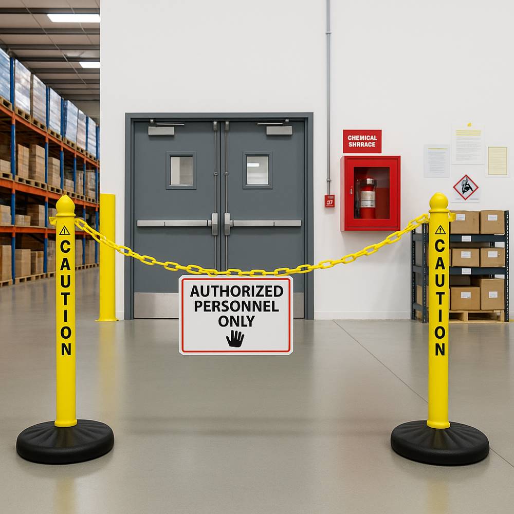 Yellow safety stanchions connected with a plastic chain and an “Authorized Personnel Only” sign blocking access to a warehouse restricted area.