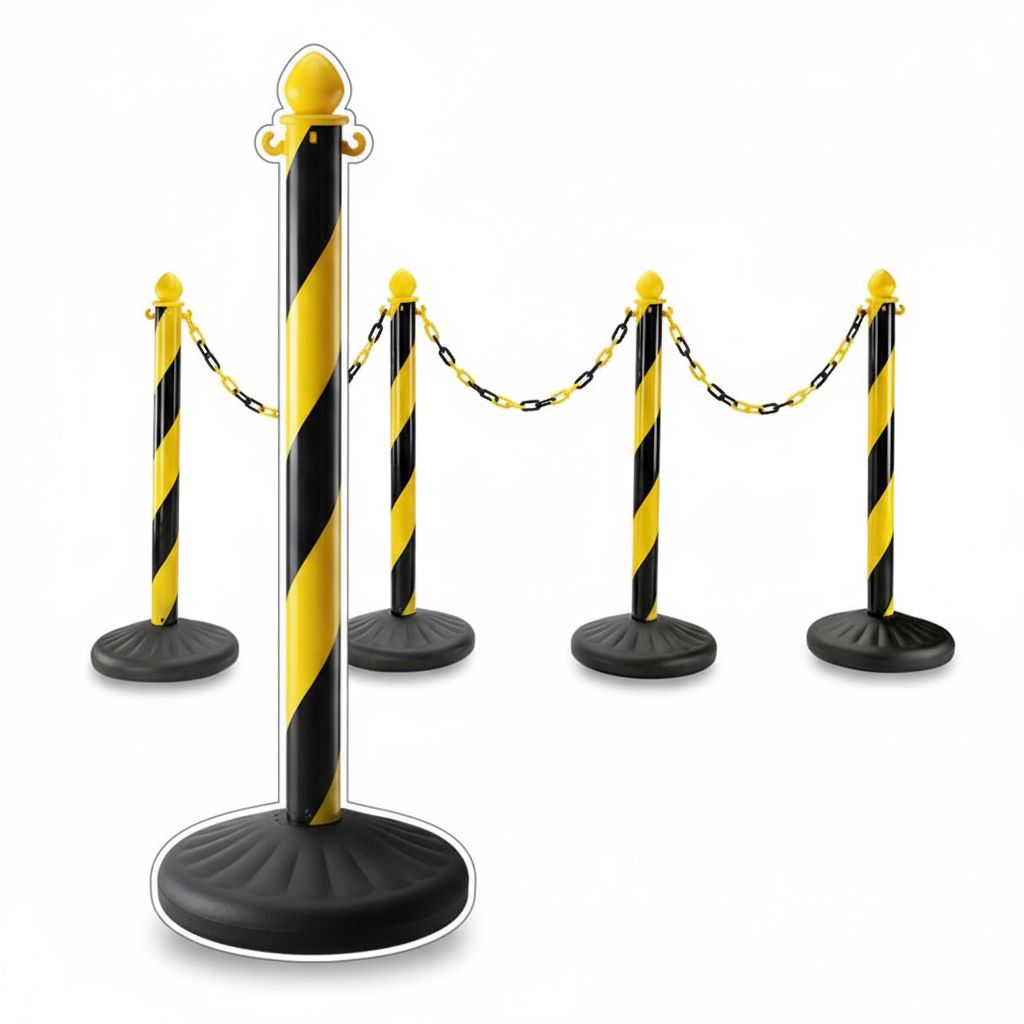 Set of yellow-black striped safety stanchions connected with plastic chains on a white background.