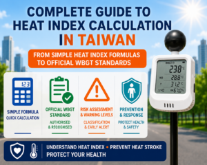 Complete guide to Taiwan heat index and WBGT calculation, showing factors such as temperature, humidity, wind speed, and sunlight.
