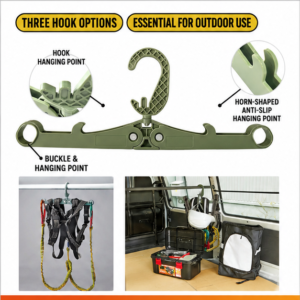 ABS heavy-duty folding hanger with three hook options, hook hanging point, horn-shaped anti-slip point, and buckle hanging point for outdoor gear use.