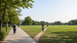 Pedestrian using a desire path across a grassy park
