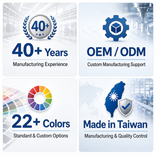 Plastic chain manufacturer with 40+ years of experience, OEM and ODM support, 22+ color options, and Made in Taiwan quality control.